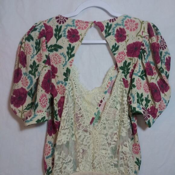 Free People Floral Romantic Boho Lace Open Back Bodysuit Puff Sleeves Size XS - Picture 6 of 11